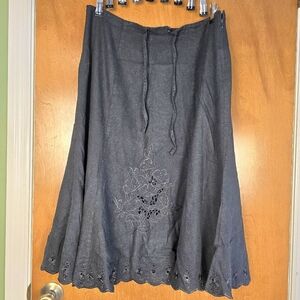 Edward Skirt Womens 14 Black Linen/Rayon Lined Full  Flare Embroidered Cut Outs